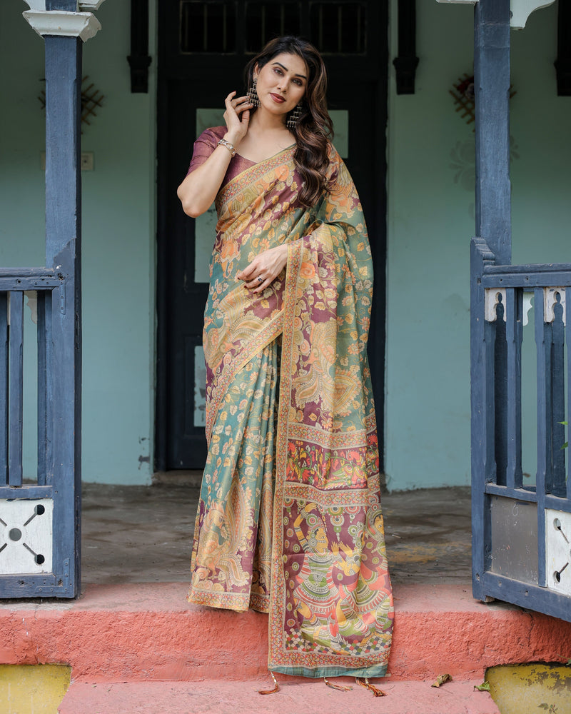 Sage Green & Maroon Handloom Cotton Saree with Mythical Tribal Art and Floral Motifs