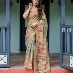 Sage Green & Maroon Handloom Cotton Saree with Mythical Tribal Art and Floral Motifs