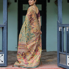 Sage Green & Maroon Handloom Cotton Saree with Mythical Tribal Art and Floral Motifs