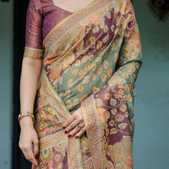 Sage Green & Maroon Handloom Cotton Saree with Mythical Tribal Art and Floral Motifs