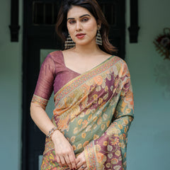Sage Green & Maroon Handloom Cotton Saree with Mythical Tribal Art and Floral Motifs