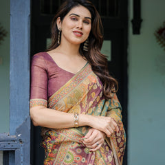 Sage Green & Maroon Handloom Cotton Saree with Mythical Tribal Art and Floral Motifs