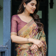 Sage Green & Maroon Handloom Cotton Saree with Mythical Tribal Art and Floral Motifs