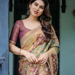 Sage Green & Maroon Handloom Cotton Saree with Mythical Tribal Art and Floral Motifs