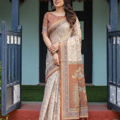 Beige and Rust Handloom Cotton-Linen Saree with Floral Motifs and Peacock Pallu