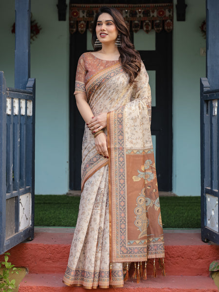 Beige and Rust Handloom Cotton-Linen Saree with Floral Motifs and Peacock Pallu