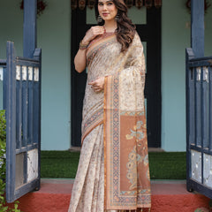 Beige and Rust Handloom Cotton-Linen Saree with Floral Motifs and Peacock Pallu