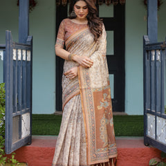 Beige and Rust Handloom Cotton-Linen Saree with Floral Motifs and Peacock Pallu