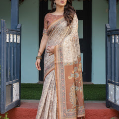 Beige and Rust Handloom Cotton-Linen Saree with Floral Motifs and Peacock Pallu