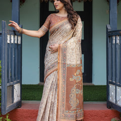Beige and Rust Handloom Cotton-Linen Saree with Floral Motifs and Peacock Pallu