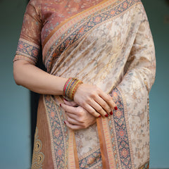 Beige and Rust Handloom Cotton-Linen Saree with Floral Motifs and Peacock Pallu