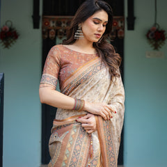 Beige and Rust Handloom Cotton-Linen Saree with Floral Motifs and Peacock Pallu