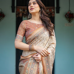 Beige and Rust Handloom Cotton-Linen Saree with Floral Motifs and Peacock Pallu