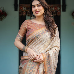 Beige and Rust Handloom Cotton-Linen Saree with Floral Motifs and Peacock Pallu