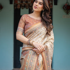 Beige and Rust Handloom Cotton-Linen Saree with Floral Motifs and Peacock Pallu