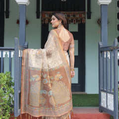 Beige and Rust Handloom Cotton-Linen Saree with Floral Motifs and Peacock Pallu