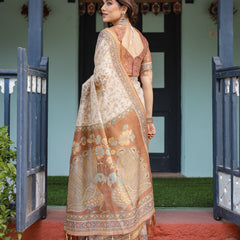 Beige and Rust Handloom Cotton-Linen Saree with Floral Motifs and Peacock Pallu