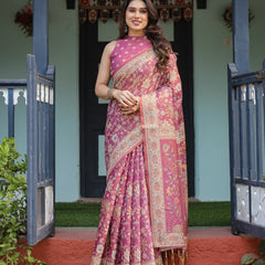 Magenta Handloom Cotton-Linen Saree with Gold Floral Motifs and Peacock Pallu