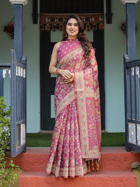 Magenta Handloom Cotton-Linen Saree with Gold Floral Motifs and Peacock Pallu