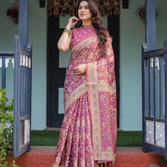 Magenta Handloom Cotton-Linen Saree with Gold Floral Motifs and Peacock Pallu