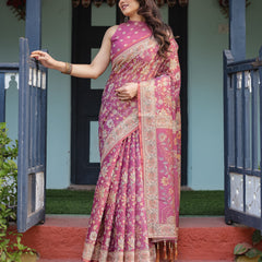 Magenta Handloom Cotton-Linen Saree with Gold Floral Motifs and Peacock Pallu