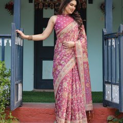 Magenta Handloom Cotton-Linen Saree with Gold Floral Motifs and Peacock Pallu