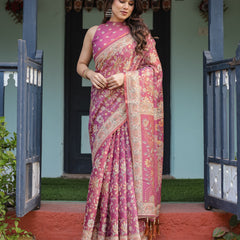 Magenta Handloom Cotton-Linen Saree with Gold Floral Motifs and Peacock Pallu