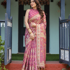 Magenta Handloom Cotton-Linen Saree with Gold Floral Motifs and Peacock Pallu