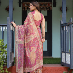 Magenta Handloom Cotton-Linen Saree with Gold Floral Motifs and Peacock Pallu