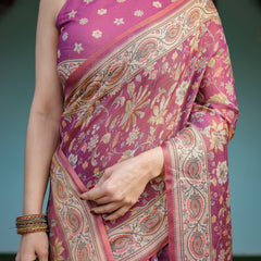 Magenta Handloom Cotton-Linen Saree with Gold Floral Motifs and Peacock Pallu