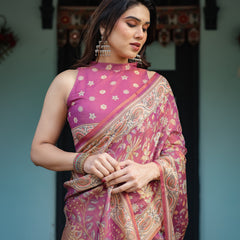 Magenta Handloom Cotton-Linen Saree with Gold Floral Motifs and Peacock Pallu