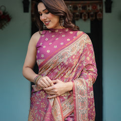 Magenta Handloom Cotton-Linen Saree with Gold Floral Motifs and Peacock Pallu