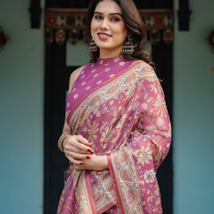 Magenta Handloom Cotton-Linen Saree with Gold Floral Motifs and Peacock Pallu