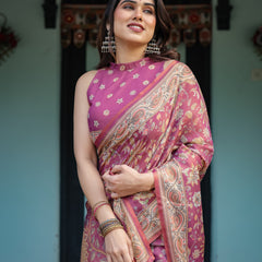Magenta Handloom Cotton-Linen Saree with Gold Floral Motifs and Peacock Pallu