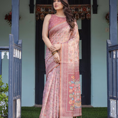 Blush Pink Handloom Cotton-Linen Saree with Floral Motifs and Artistic Pallu