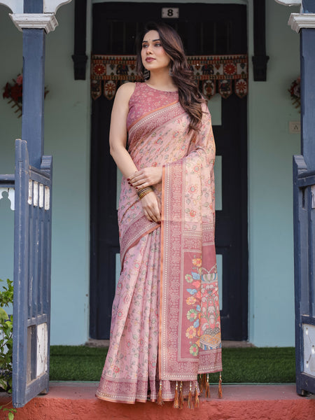 Blush Pink Handloom Cotton-Linen Saree with Floral Motifs and Artistic Pallu