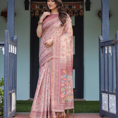 Blush Pink Handloom Cotton-Linen Saree with Floral Motifs and Artistic Pallu