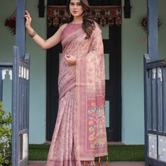 Blush Pink Handloom Cotton-Linen Saree with Floral Motifs and Artistic Pallu