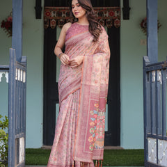 Blush Pink Handloom Cotton-Linen Saree with Floral Motifs and Artistic Pallu