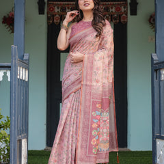 Blush Pink Handloom Cotton-Linen Saree with Floral Motifs and Artistic Pallu