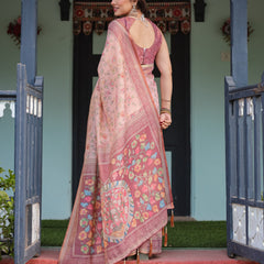 Blush Pink Handloom Cotton-Linen Saree with Floral Motifs and Artistic Pallu