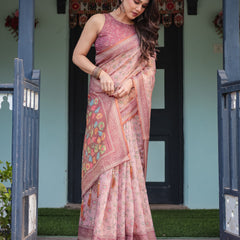 Blush Pink Handloom Cotton-Linen Saree with Floral Motifs and Artistic Pallu