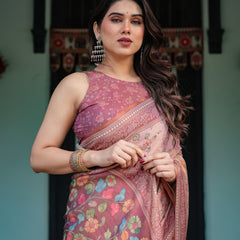 Blush Pink Handloom Cotton-Linen Saree with Floral Motifs and Artistic Pallu
