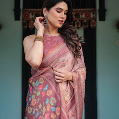 Blush Pink Handloom Cotton-Linen Saree with Floral Motifs and Artistic Pallu