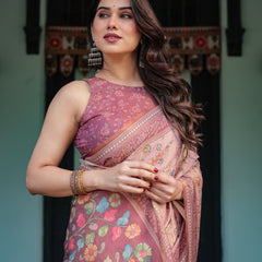 Blush Pink Handloom Cotton-Linen Saree with Floral Motifs and Artistic Pallu