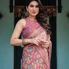 Blush Pink Handloom Cotton-Linen Saree with Floral Motifs and Artistic Pallu