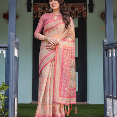Peach and Pink Handloom Cotton-Linen Saree with Mythological Motifs and Floral Pallu