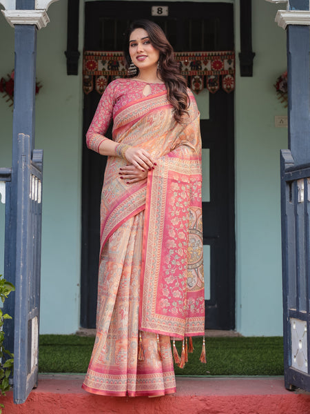 Peach and Pink Handloom Cotton-Linen Saree with Mythological Motifs and Floral Pallu