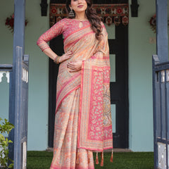 Peach and Pink Handloom Cotton-Linen Saree with Mythological Motifs and Floral Pallu