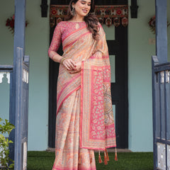 Peach and Pink Handloom Cotton-Linen Saree with Mythological Motifs and Floral Pallu